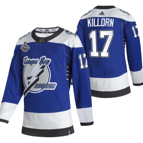 Deluxe Adidas Lightning #17 Alex Killorn Blue Road Authentic Youth 2021 NHL Stanley Cup Final Patch Jersey to augment your hockey keepsake collection