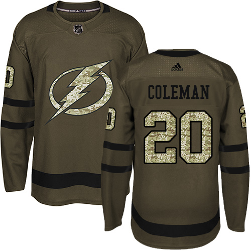 Deluxe Adidas Lightning #20 Blake Coleman Green Salute to Service Youth Stitched NHL Jersey to exhibit your team allegiance