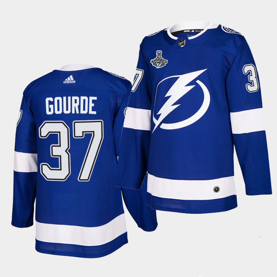 Exquisite Adidas Lightning #37 Yanni Gourde Blue Home Authentic 2021 Stanley Cup Champions Jersey to exhibit your team allegiance