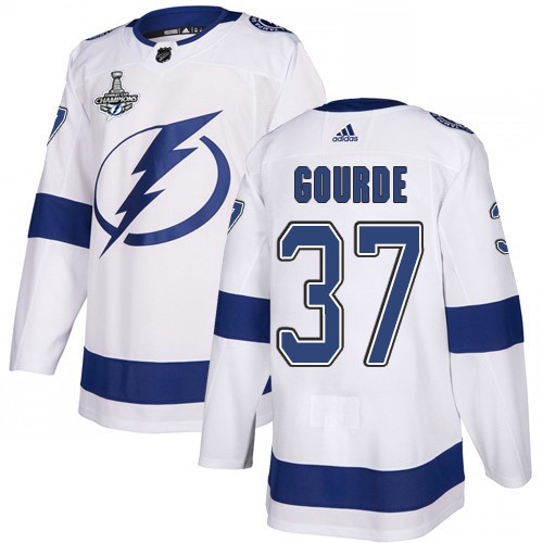 Elegant Adidas Lightning #37 Yanni Gourde White Road Authentic 2020 Stanley Cup Champions Stitched NHL Jersey to shine at the arena