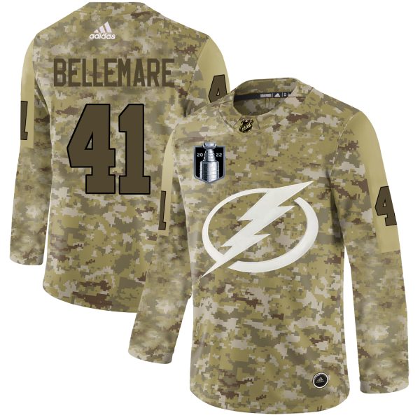 Stunning Adidas Lightning #41 Pierre Edouard Bellemare Camo 2022 Stanley Cup Final Patch Authentic Stitched NHL Jersey for genuine hockey aficionados