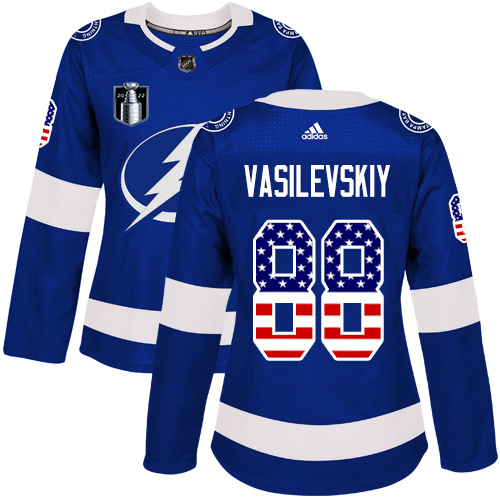 Deluxe Adidas Lightning #88 Andrei Vasilevskiy Blue 2022 Stanley Cup Final Patch Women's Home Authentic USA Flag Stitched NHL Jersey as a prized hockey collectible