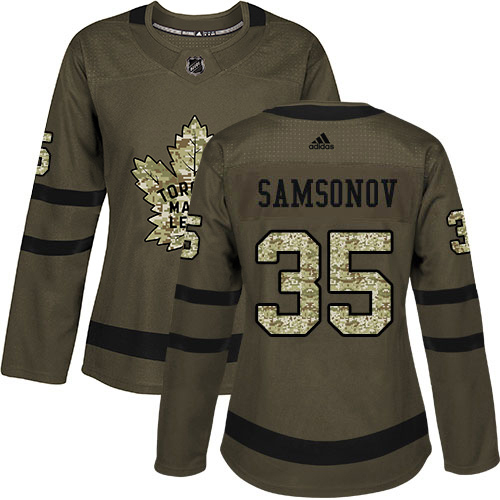Elegant Adidas Maple Leafs #35 Ilya Samsonov Green Salute to Service Women's Stitched NHL Jersey for dedicated Sabres supporters