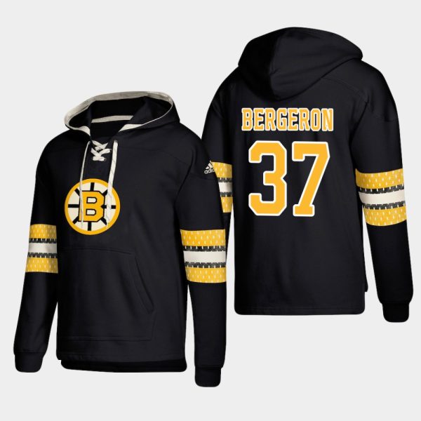 Captivating Boston Bruins #37 Patrice Bergeron Black adidas Lace Up Pullover Hoodie as a prized hockey collectible