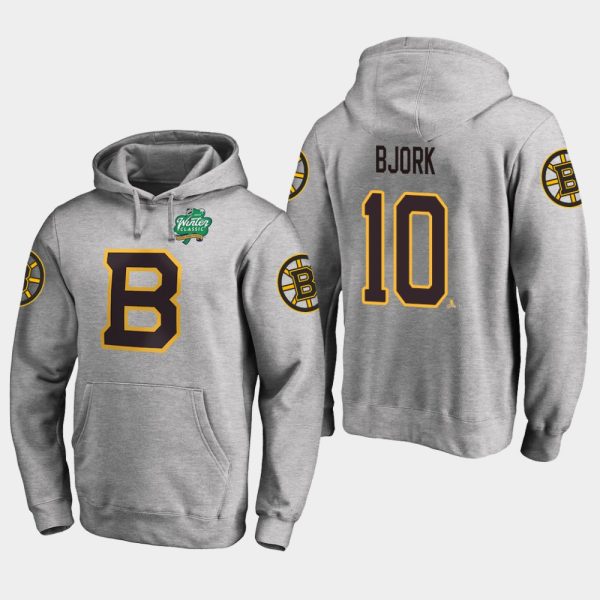 Captivating Bruins #10 Anders Bjork Gray 2018 Winter Classic Fanatics Primary Logo Hoodie as a prized hockey collectible