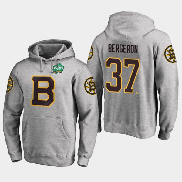 Deluxe Bruins #37 Patrice Bergeron Gray 2018 Winter Classic Fanatics Primary Logo Hoodie for genuine hockey aficionados