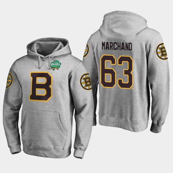 Charming Bruins #63 Brad Marchand Gray 2018 Winter Classic Fanatics Primary Logo Hoodie to shine at the arena