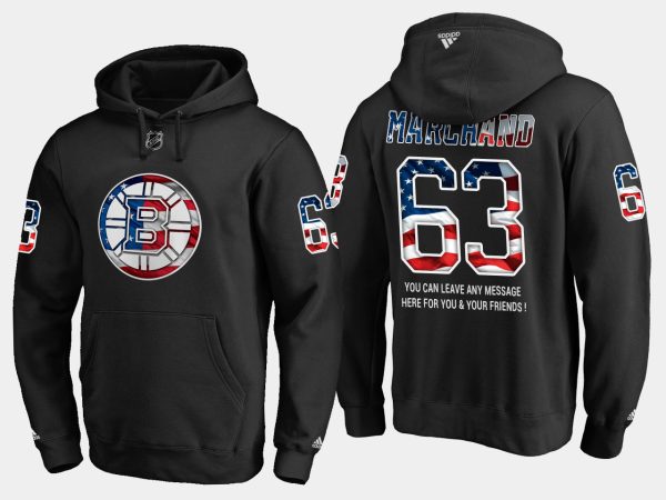 Exquisite Bruins #63 Brad Marchand NHL Banner Wave Usa Flag Black Hoodie for dedicated Sabres supporters