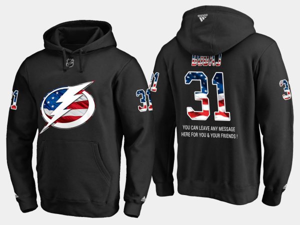 Captivating Lightning #31 Peter Budaj NHL Banner Wave Usa Flag Black Hoodie for genuine hockey aficionados