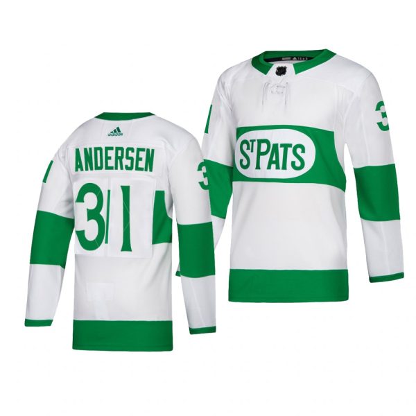 Deluxe Maple Leafs #31 Frederik Andersen adidas White 2019 St. Patrick's Day Authentic Player Stitched NHL Jersey to augment your hockey keepsake collection