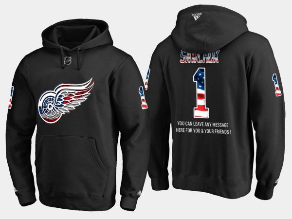 Deluxe Red Wings #1 Terry Sawchuk NHL Banner Wave Usa Flag Black Hoodie for premium game day attire