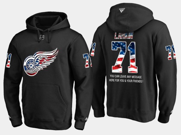 Exquisite Red Wings #71 Dylan Larkin NHL Banner Wave Usa Flag Black Hoodie to back your beloved Sabres athletes