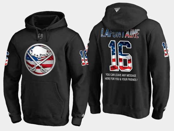 Captivating Sabres #16 Pat Lafontaine NHL Banner Wave Usa Flag Black Hoodie as a prized hockey collectible