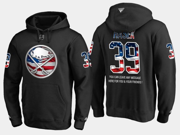 Charming Sabres #39 Dominik Hasek NHL Banner Wave Usa Flag Black Hoodie to augment your hockey keepsake collection