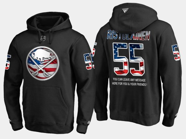 Captivating Sabres #55 Rasmus Ristolainen NHL Banner Wave Usa Flag Black Hoodie for a thrilling hockey event