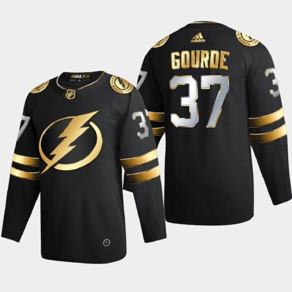 Alluring Tampa Bay Lightning #37 Yanni Gourde Men's Adidas Black Golden Edition Limited Stitched NHL Jersey for genuine hockey aficionados
