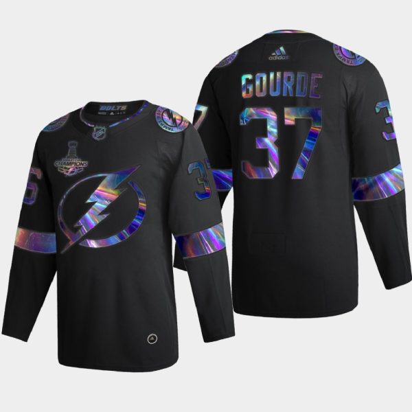 Alluring Tampa Bay Lightning #37 Yanni Gourde Men's Nike Iridescent Holographic Collection NHL Jersey Black for dedicated Sabres supporters