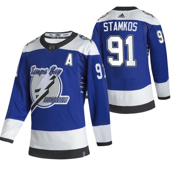 Exquisite Tampa Bay Lightning #91 Steve Stamkos Blue Men's Adidas 2020 21 Reverse Retro Alternate NHL Jersey to augment your hockey keepsake collection