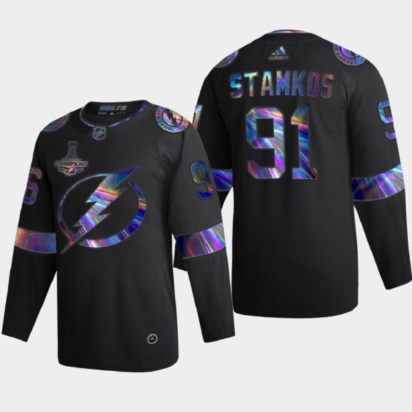 Captivating Tampa Bay Lightning #91 Steven Stamkos Men's Nike Iridescent Holographic Collection NHL Jersey Black as a prized hockey collectible