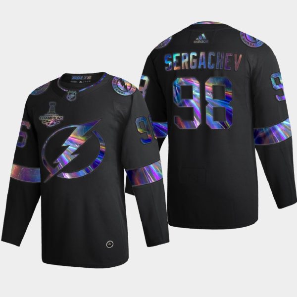 Superb Tampa Bay Lightning #98 Mikhail Sergachev Men's Nike Iridescent Holographic Collection NHL Jersey Black to augment your hockey keepsake collection