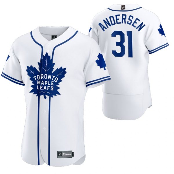 Captivating Toronto Maple Leafs #31 Frederik Andersen Men's 2020 NHL x MLB Crossover Edition Baseball Jersey White to back your beloved Sabres athletes