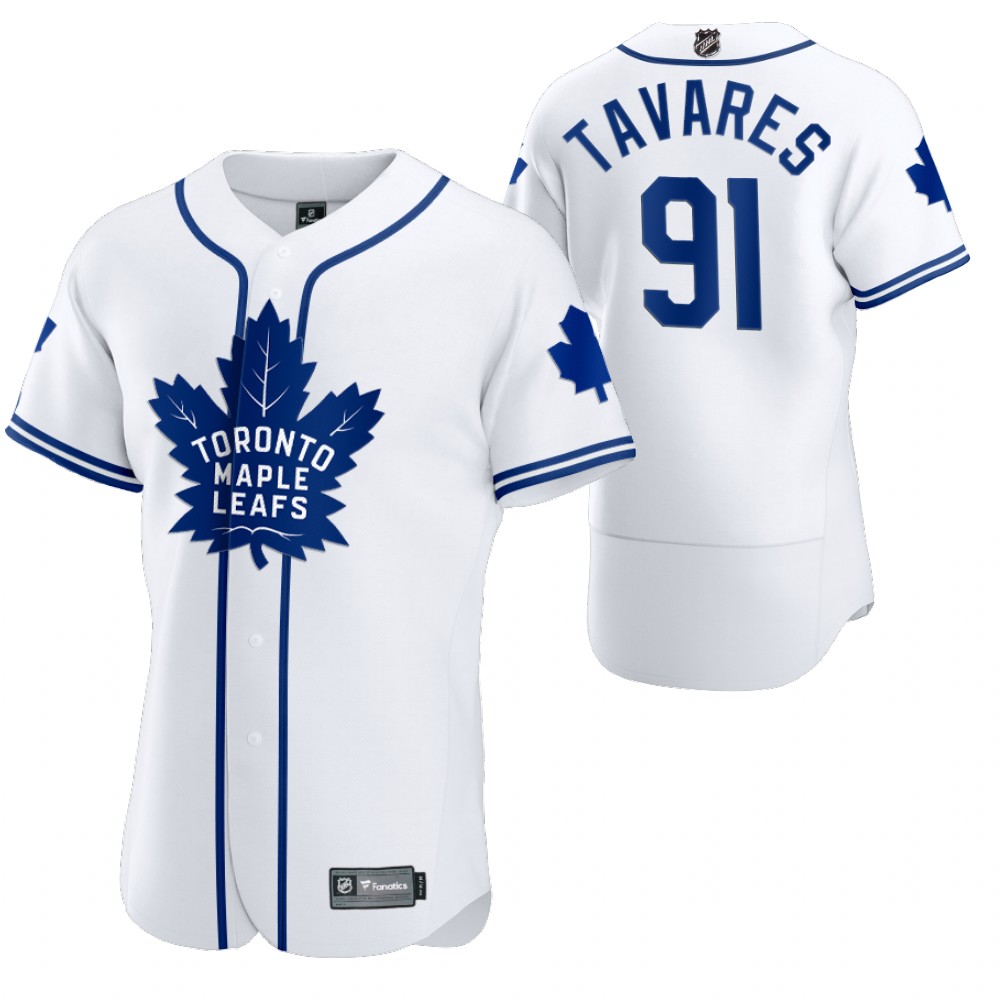Elegant Toronto Maple Leafs #91 John Tavares Men's 2020 NHL x MLB Crossover Edition Baseball Jersey White to shine at the arena