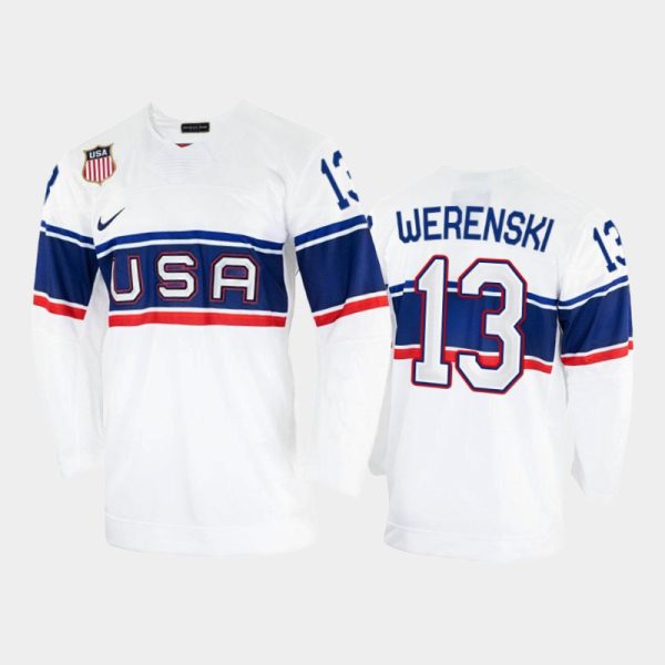 Charming U.S. Men's Hockey #13 Zach Werenski Nike Men's Beijing 2022 Winter Olympics Home Jersey White for a memorable match day