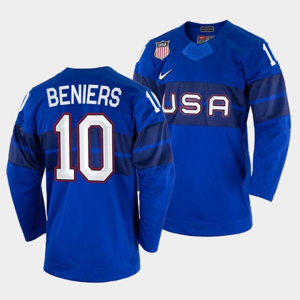Superb USA Hockey #10 Matty Beniers Men's 2022 Beijing Winter Olympic Alternate Jersey Blue as a prized hockey collectible