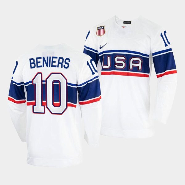 Magnificent USA Hockey #10 Matty Beniers Men's 2022 Beijing Winter Olympic Home Jersey White to augment your hockey keepsake collection