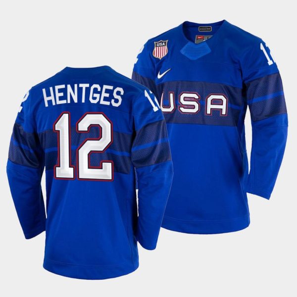 Alluring USA Hockey #12 Sam Hentges Men's 2022 Beijing Winter Olympic Alternate Jersey Blue for genuine hockey aficionados