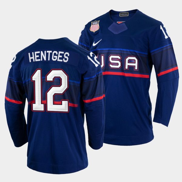Charming USA Hockey #12 Sam Hentges Men's 2022 Beijing Winter Olympic Away Jersey Navy for genuine hockey aficionados
