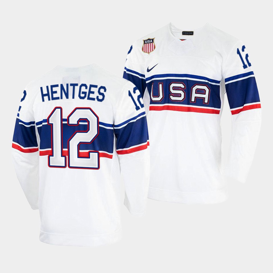 Exquisite USA Hockey #12 Sam Hentges Men's 2022 Beijing Winter Olympic Home Jersey White to augment your hockey keepsake collection