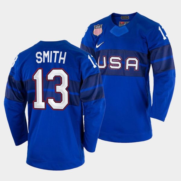 Magnificent USA Hockey #13 Nathan Smith Men's 2022 Beijing Winter Olympic Alternate Jersey Blue for a thrilling hockey event