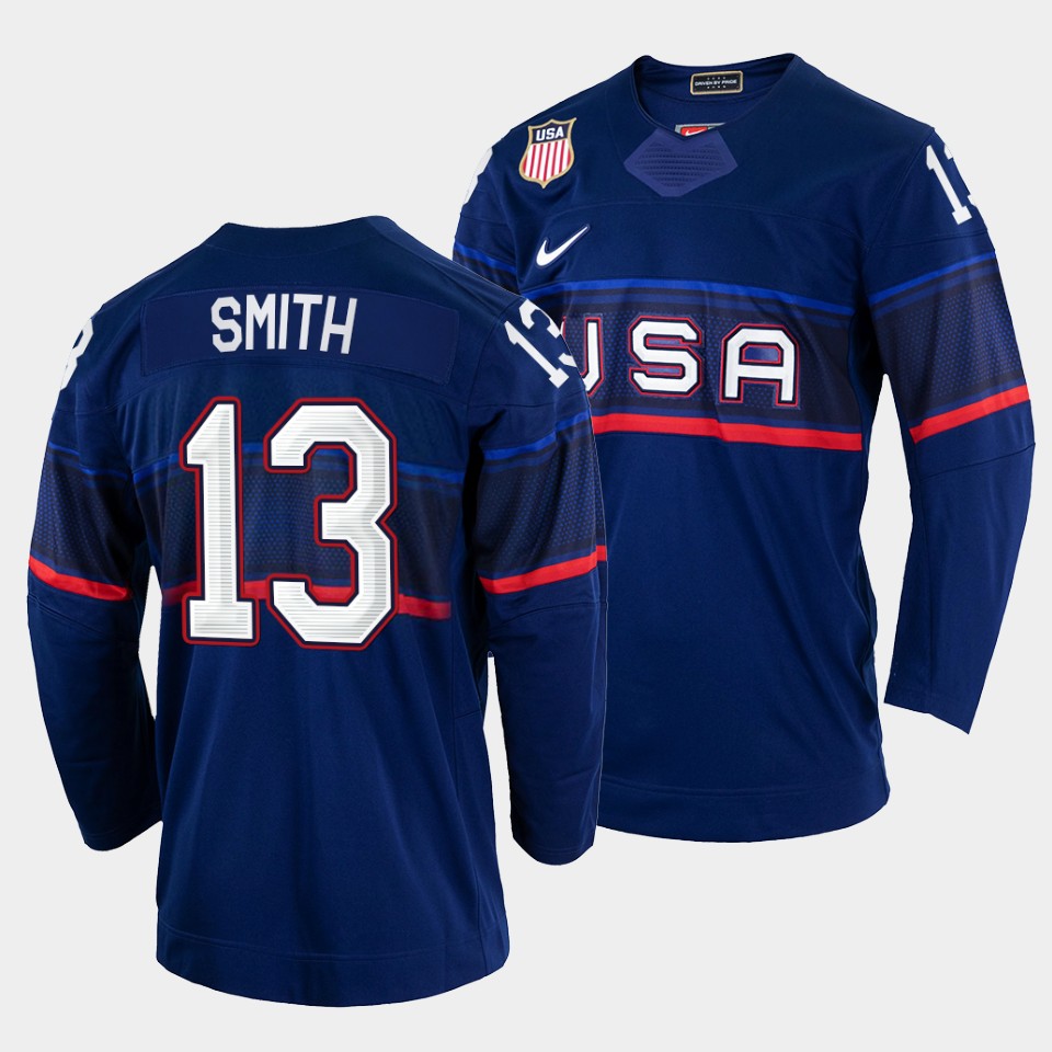 Superb USA Hockey #13 Nathan Smith Men's 2022 Beijing Winter Olympic Away Jersey Navy as a prized hockey collectible
