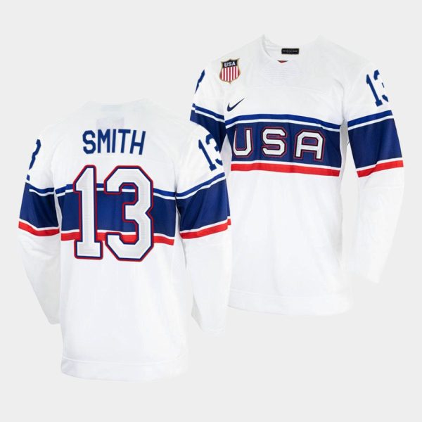 Stunning USA Hockey #13 Nathan Smith Men's 2022 Beijing Winter Olympic Home Jersey White for dedicated Sabres supporters