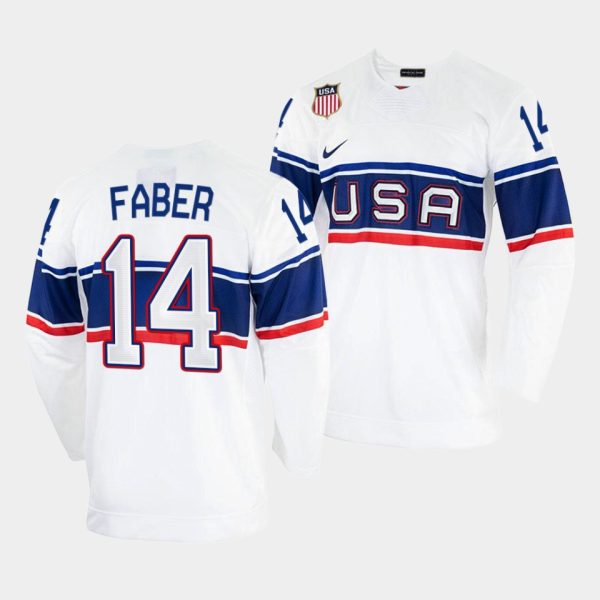 Superb USA Hockey #14 Brock Faber Men's 2022 Beijing Winter Olympic Home Jersey White to shine at the arena