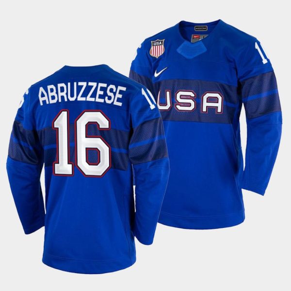 Superb USA Hockey #16 Nick Abruzzese Men's 2022 Beijing Winter Olympic Alternate Jersey Blue for a memorable match day