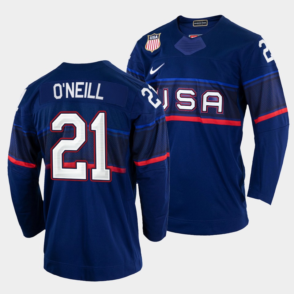 Captivating USA Hockey #21 Brian O'Neill Men's 2022 Beijing Winter Olympic Away Jersey Navy as a prized hockey collectible