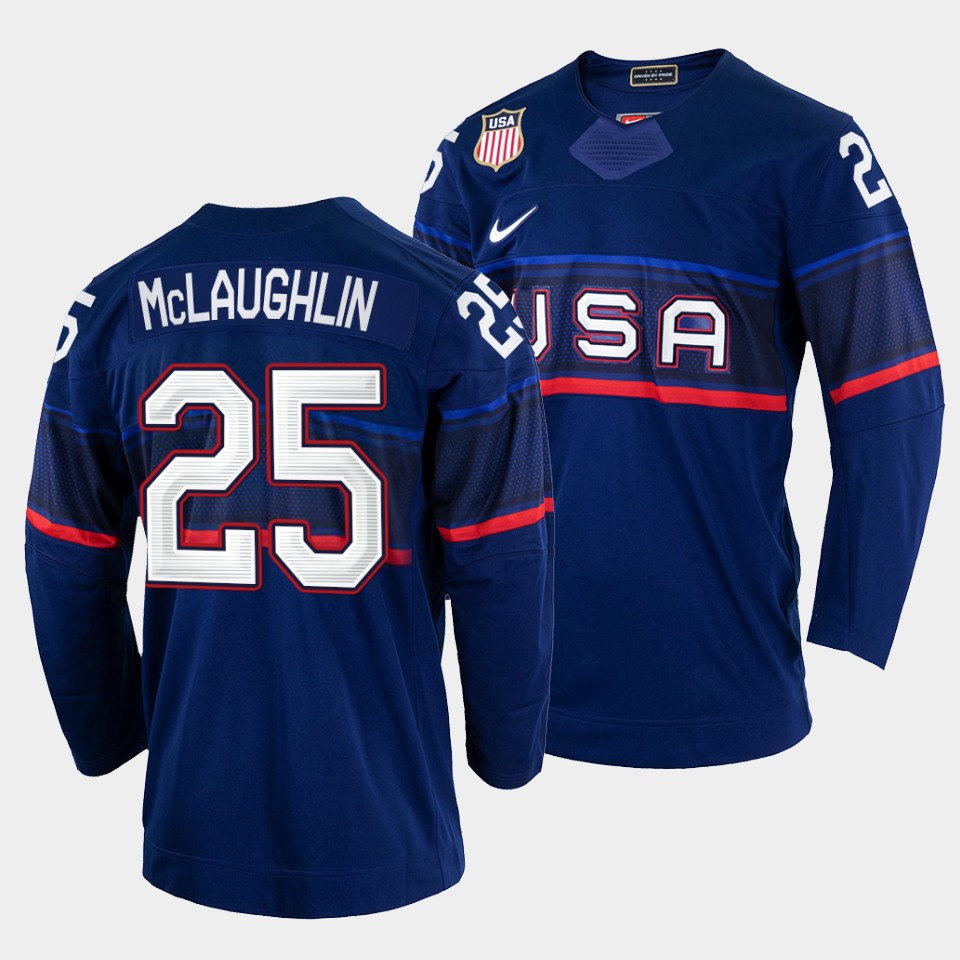 Exquisite USA Hockey #25 Marc Mclaughlin Men's 2022 Beijing Winter Olympic Away Jersey Navy for premium game day attire