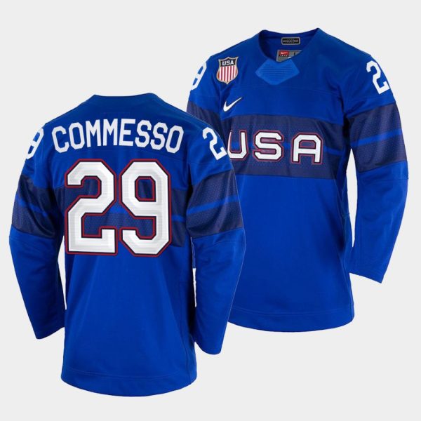 Deluxe USA Hockey #29 Drew Commesso Men's 2022 Beijing Winter Olympic Alternate Jersey Blue to back your beloved Sabres athletes