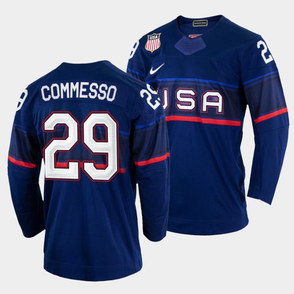 Elegant USA Hockey #29 Drew Commesso Men's 2022 Beijing Winter Olympic Away Jersey Navy for a thrilling hockey event