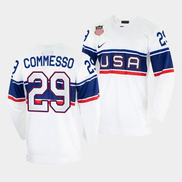 Stunning USA Hockey #29 Drew Commesso Men's 2022 Beijing Winter Olympic Home Jersey White as a prized hockey collectible