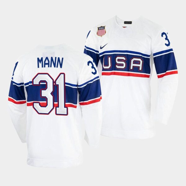Charming USA Hockey #31 Strauss Mann Men's 2022 Beijing Winter Olympic Home Jersey White for a thrilling hockey event