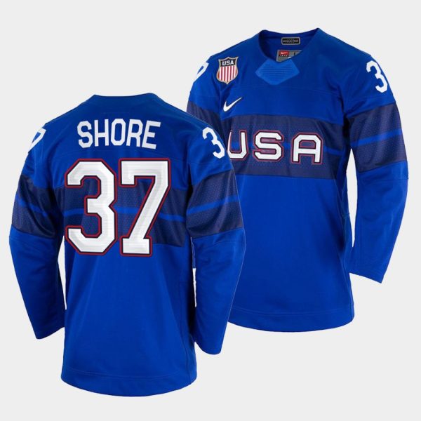 Superb USA Hockey #37 Nick Shore Men's 2022 Beijing Winter Olympic Alternate Jersey Blue to augment your hockey keepsake collection
