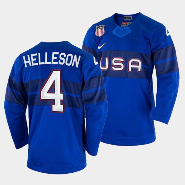 Stunning USA Hockey #4 Drew Helleson Men's 2022 Beijing Winter Olympic Alternate Jersey Blue for a memorable match day