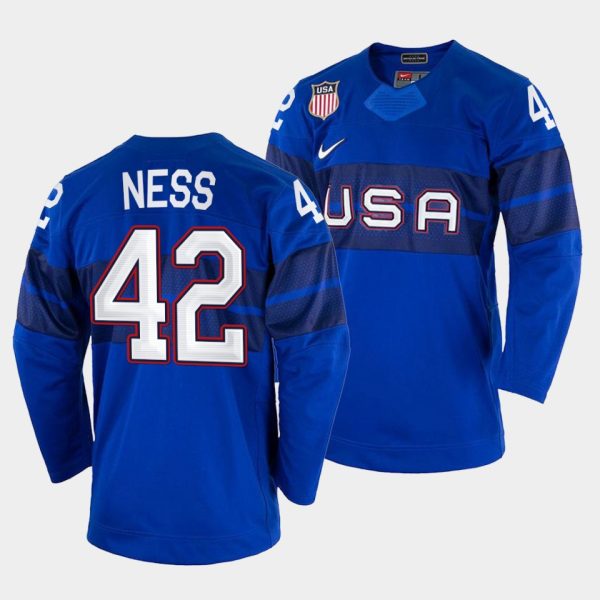 Elegant USA Hockey #42 Aaron Ness Men's 2022 Beijing Winter Olympic Alternate Jersey Blue for genuine hockey aficionados