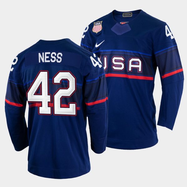 Glamorous USA Hockey #42 Aaron Ness Men's 2022 Beijing Winter Olympic Away Jersey Navy to back your beloved Sabres athletes