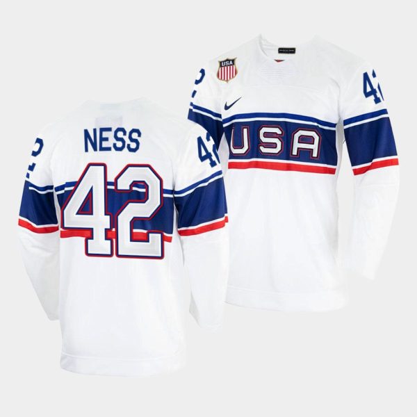 Captivating USA Hockey #42 Aaron Ness Men's 2022 Beijing Winter Olympic Home Jersey White for dedicated Sabres supporters