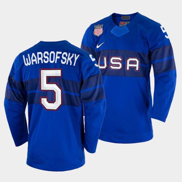 Stunning USA Hockey #5 David Warsofsky Men's 2022 Beijing Winter Olympic Alternate Jersey Blue for premium game day attire