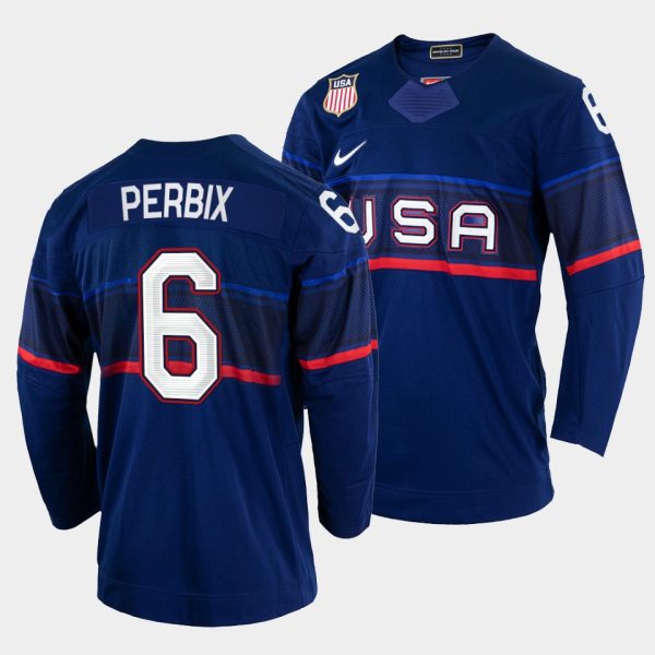 Glamorous USA Hockey #6 Nick Perbix Men's 2022 Beijing Winter Olympic Away Jersey Navy for genuine hockey aficionados